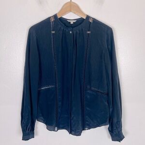 Joie Silk Top Size XS Color Blue Sheer Lace Trim Long Sleeve Buttoned Chiffon